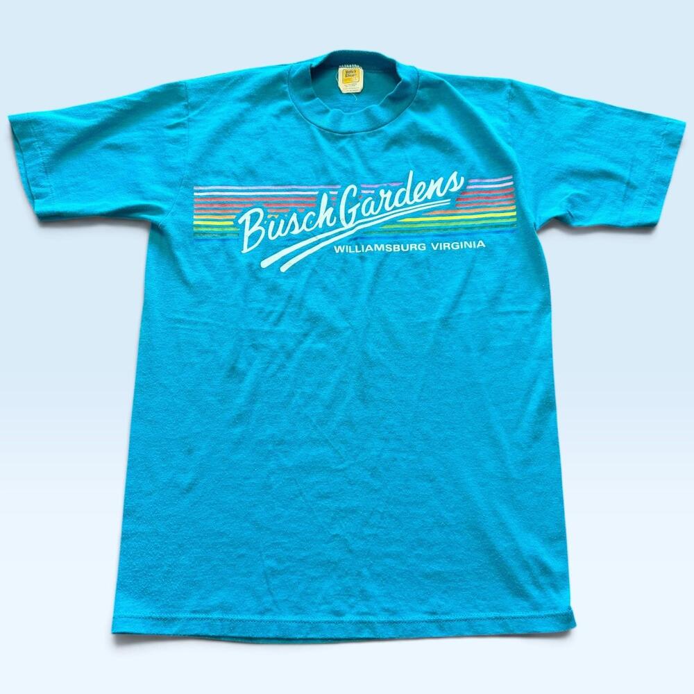 Vintage Busch Gardens Shirt Mens Medium Blue Williamsburg VA T-Shirt Velva Sheen